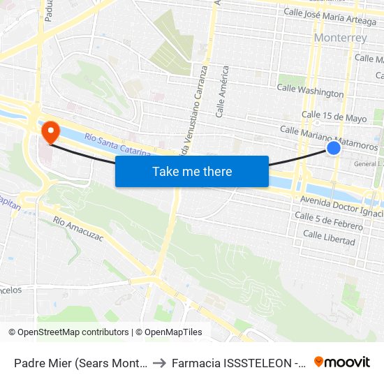 Padre Mier (Sears Monterrey Centro) to Farmacia ISSSTELEON - San José Tec map