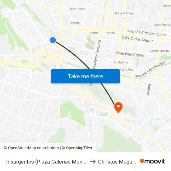 Insurgentes (Plaza Galerías Monterrey) to Christus Muguerza map