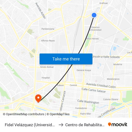 Fidel Velázquez (Universidad Autónoma de Nuevo León) to Centro de Rehabilitación Christus Muguerza map
