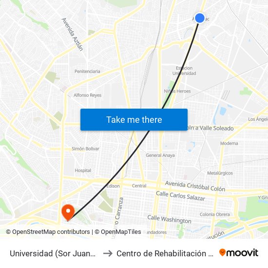 Universidad (Parque Sor Juana Inés de La Cruz) to Centro de Rehabilitación Christus Muguerza map