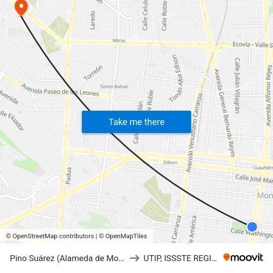 Pino Suárez (Alameda de Monterrey) to UTIP, ISSSTE REGIONAL map
