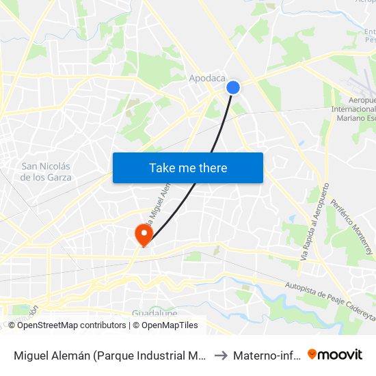 Miguel Alemán (Parque Industrial Monterrey) to Materno-infantil map