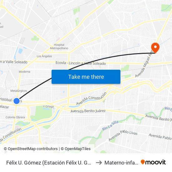 Félix U. Gómez (Estación Félix U. Gómez) to Materno-infantil map