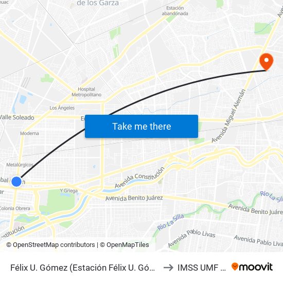 Félix U. Gómez (Estación Félix U. Gómez) to IMSS UMF 65 map