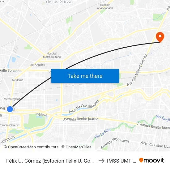 Félix U. Gómez (Estación Félix U. Gómez) to IMSS UMF 65 map