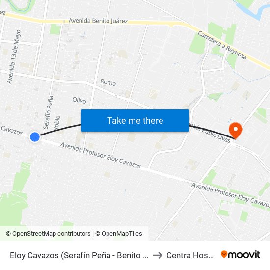 Eloy Cavazos (Serafín Peña - Benito Juárez) to Centra Hospital map