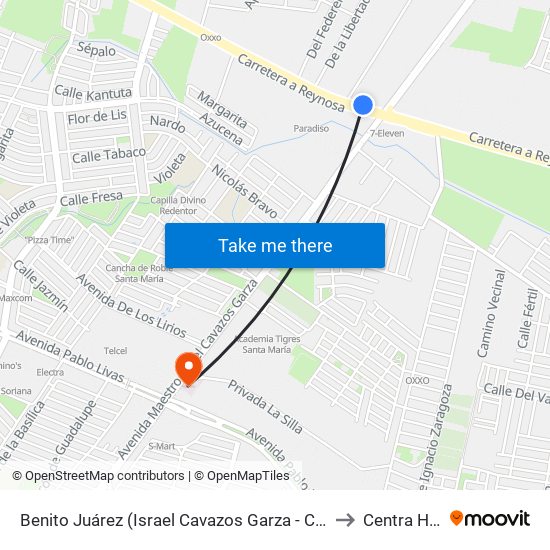 Benito Juárez (Israel Cavazos Garza - Camino Río Escondido) to Centra Hospital map