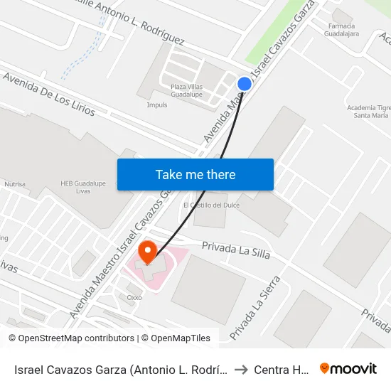 Israel Cavazos Garza (Antonio L. Rodríguez - Los Lirios) to Centra Hospital map