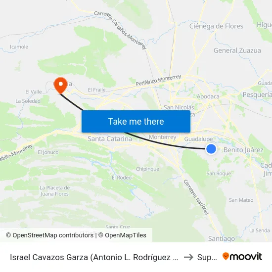 Israel Cavazos Garza (Antonio L. Rodríguez - Los Lirios) to Supera map