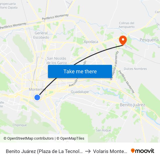 Benito Juárez (Plaza de La Tecnología) to Volaris Monterrey map