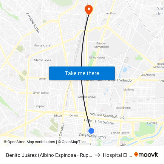 Benito Juárez (Albino Espinosa - Ruperto Martínez) to Hospital El Roble map