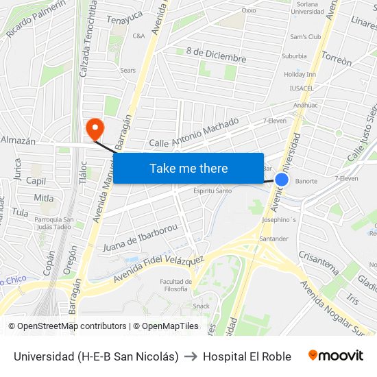 Universidad (H-E-B San Nicolás) to Hospital El Roble map