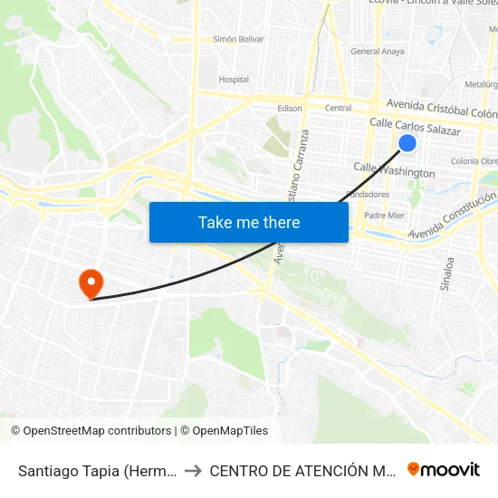 Santiago Tapia (Hermenegildo Galeana - Emilio Carranza) to CENTRO DE ATENCIÓN MÉDICA SAN PEDRO CHRISTUS MUGUERZA map