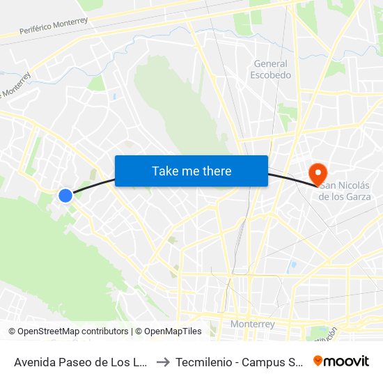 Avenida Paseo de Los Leones 124 to Tecmilenio - Campus San Nicolás map