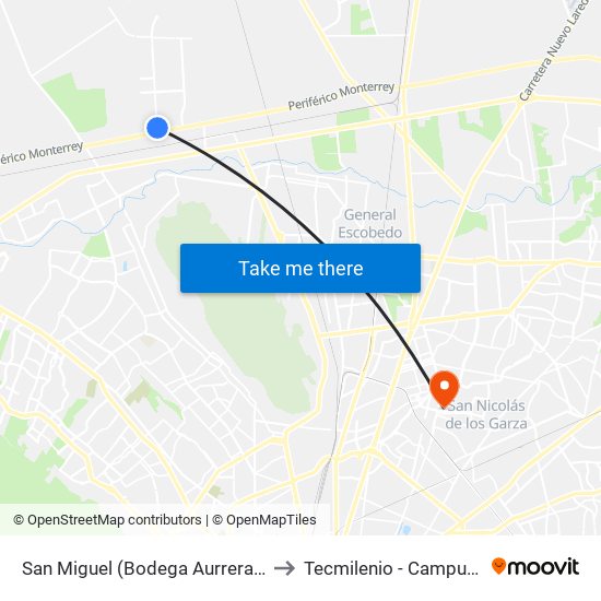 San Miguel (Bodega Aurrera Anillo Periférico) to Tecmilenio - Campus San Nicolás map