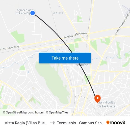 Vista Regia (Villas Buenavista) to Tecmilenio - Campus San Nicolás map