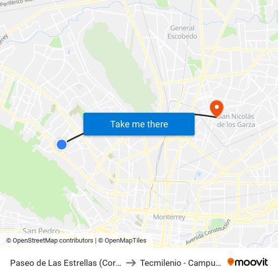 Paseo de Las Estrellas (Corporativo Soriana) to Tecmilenio - Campus San Nicolás map