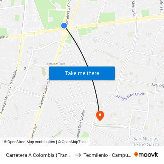 Carretera A Colombia (Transmetro Metroplex) to Tecmilenio - Campus San Nicolás map