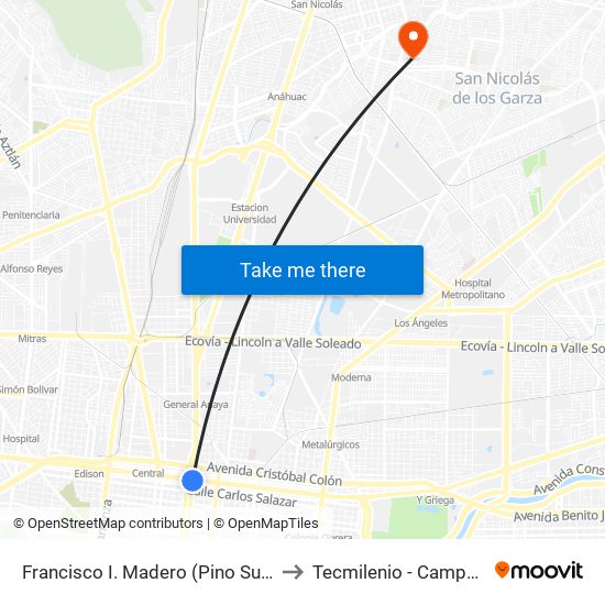 Francisco I. Madero (Pino Suárez - Cuauhtémoc) to Tecmilenio - Campus San Nicolás map