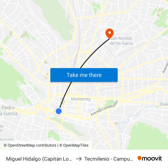 Miguel Hidalgo (Capitán Lorenzo de Aguilar) to Tecmilenio - Campus San Nicolás map