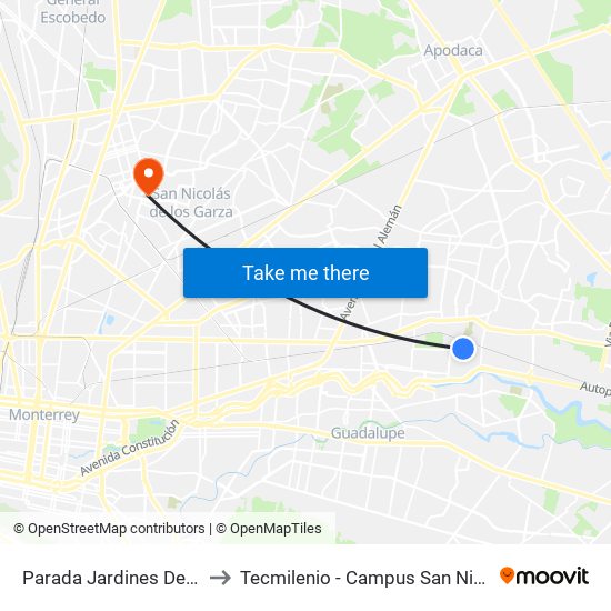 Parada Jardines Del Rio to Tecmilenio - Campus San Nicolás map