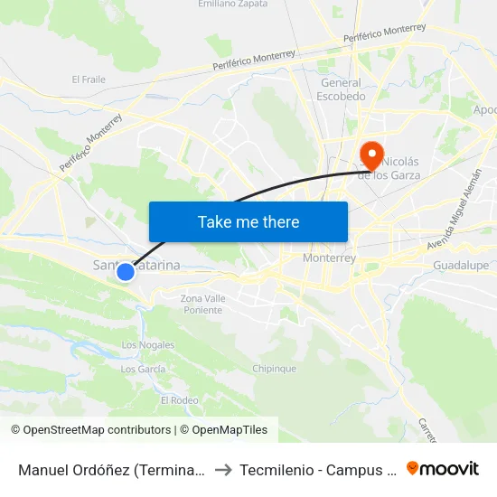 Manuel Ordóñez (Terminal de Ruta 202) to Tecmilenio - Campus San Nicolás map