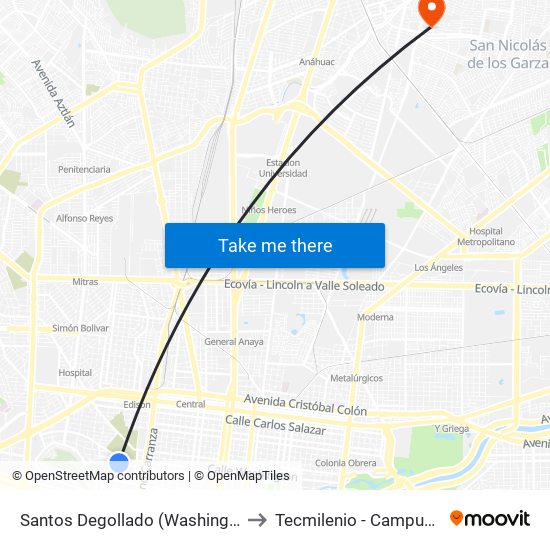 Santos Degollado (Washington - 5 de Mayo) to Tecmilenio - Campus San Nicolás map