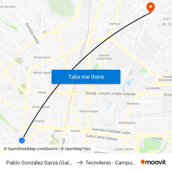 Pablo González Garza (Galerías Monterrey) to Tecmilenio - Campus San Nicolás map