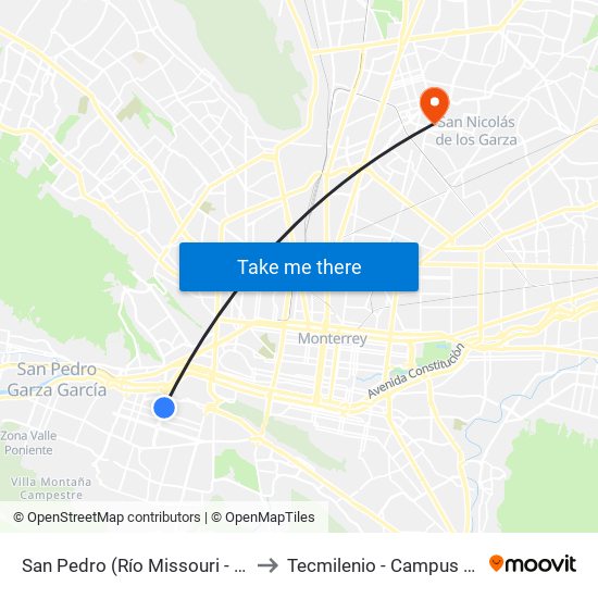 San Pedro (Río Missouri - Vía Savotino) to Tecmilenio - Campus San Nicolás map