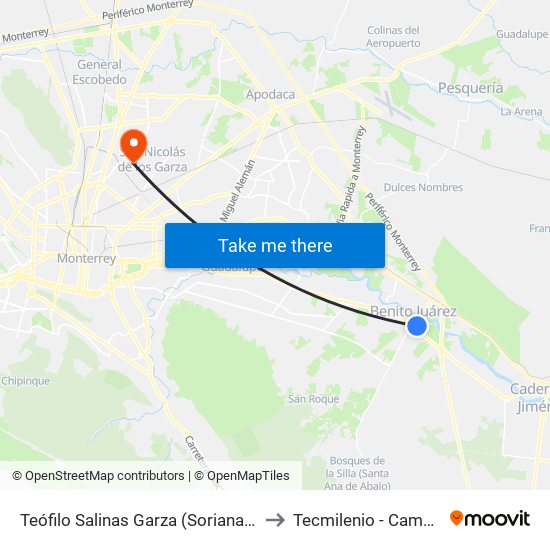 Teófilo Salinas Garza (Soriana Glorieta Benito Juárez) to Tecmilenio - Campus San Nicolás map