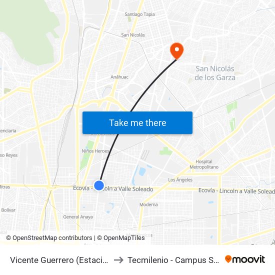 Vicente Guerrero (Estación Asarco) to Tecmilenio - Campus San Nicolás map