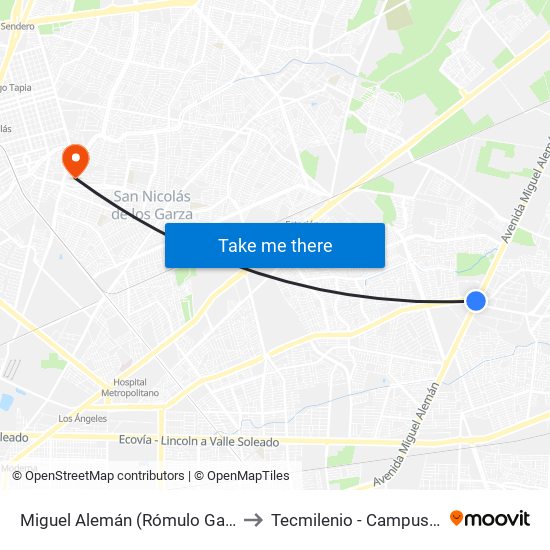 Miguel Alemán (Rómulo Garza - Acapulco) to Tecmilenio - Campus San Nicolás map