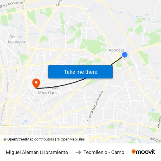 Miguel Alemán (Libramiento Norte - Elías Flores) to Tecmilenio - Campus San Nicolás map