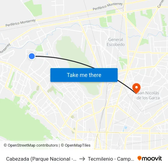 Cabezada (Parque Nacional - Camino Del Pastizal) to Tecmilenio - Campus San Nicolás map