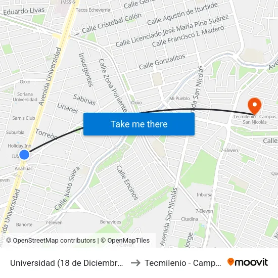 Universidad (18 de Diciembre - Antonio Machado) to Tecmilenio - Campus San Nicolás map