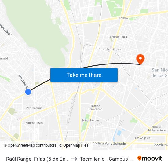 Raúl Rangel Frías (5 de Enero - Aztlán) to Tecmilenio - Campus San Nicolás map