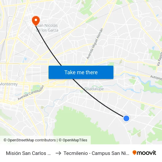Misión San Carlos 8000 to Tecmilenio - Campus San Nicolás map