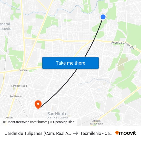 Jardín de Tulipanes (Cam. Real A Sta. Rosa - Jardín de San Andrés) to Tecmilenio - Campus San Nicolás map