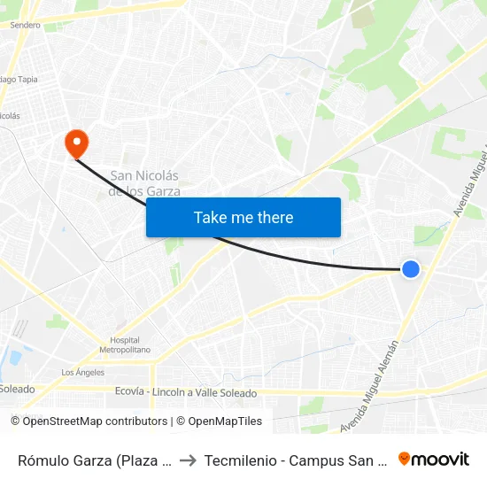 Rómulo Garza (Plaza La Fe) to Tecmilenio - Campus San Nicolás map