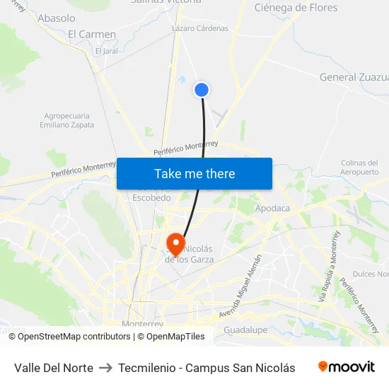 Valle Del Norte to Tecmilenio - Campus San Nicolás map
