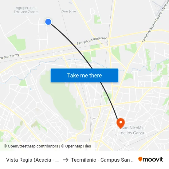 Vista Regia (Acacia - Cedro) to Tecmilenio - Campus San Nicolás map
