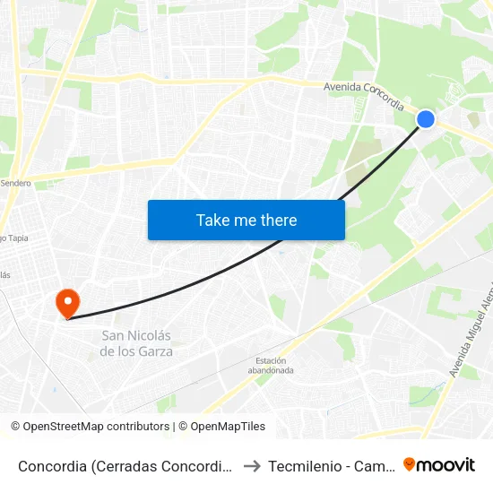 Concordia (Cerradas Concordia - Cam. A Santo Domingo) to Tecmilenio - Campus San Nicolás map