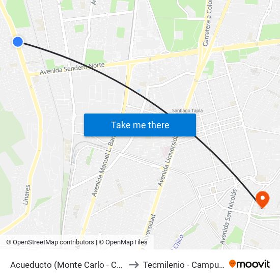 Acueducto (Monte Carlo - Cerro de Las Mitras) to Tecmilenio - Campus San Nicolás map