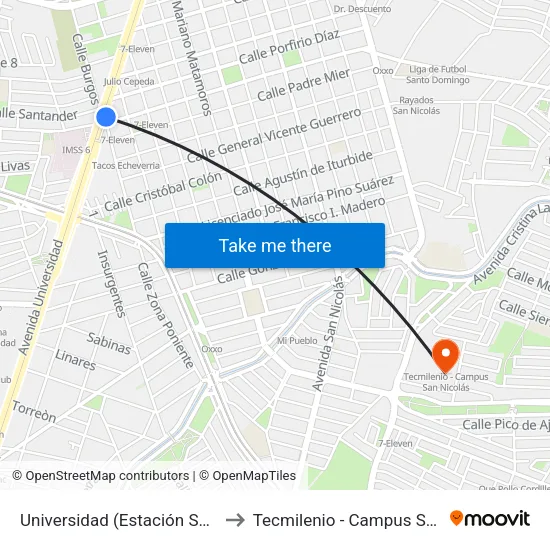 Universidad (Estación San Nicolás) to Tecmilenio - Campus San Nicolás map