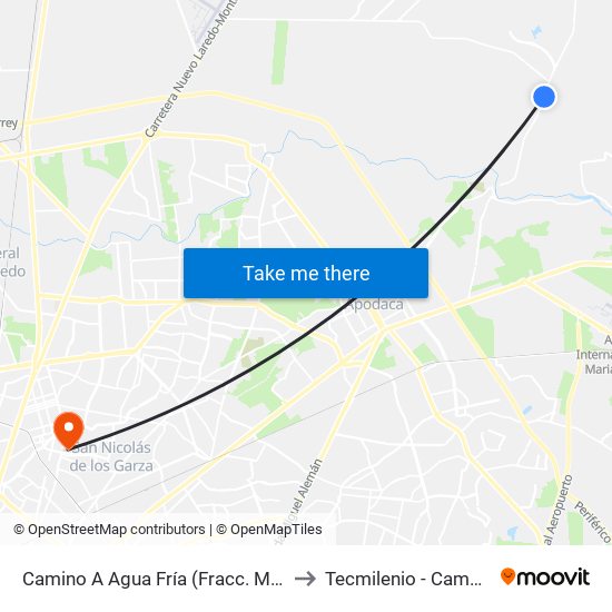 Camino A Agua Fría (Fracc. Mirador de Apodaca Sur) to Tecmilenio - Campus San Nicolás map