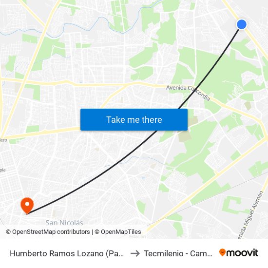 Humberto Ramos Lozano (Parque Industrial Avante 1) to Tecmilenio - Campus San Nicolás map