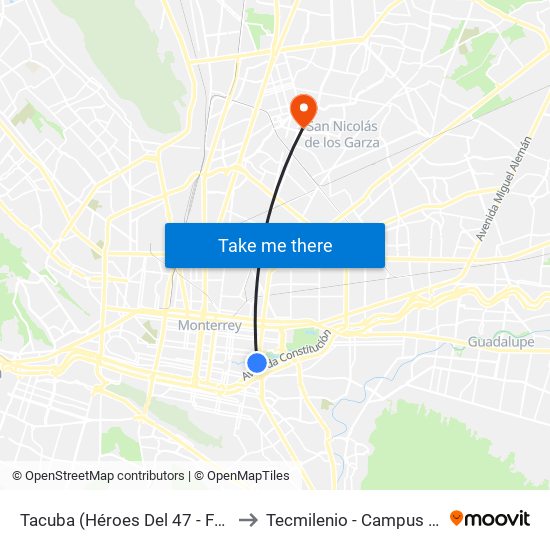 Tacuba (Héroes Del 47 - Félix U. Gómez) to Tecmilenio - Campus San Nicolás map