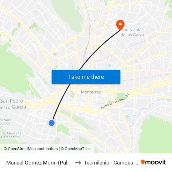 Manuel Gómez Morín (Palacio de Hierro) to Tecmilenio - Campus San Nicolás map