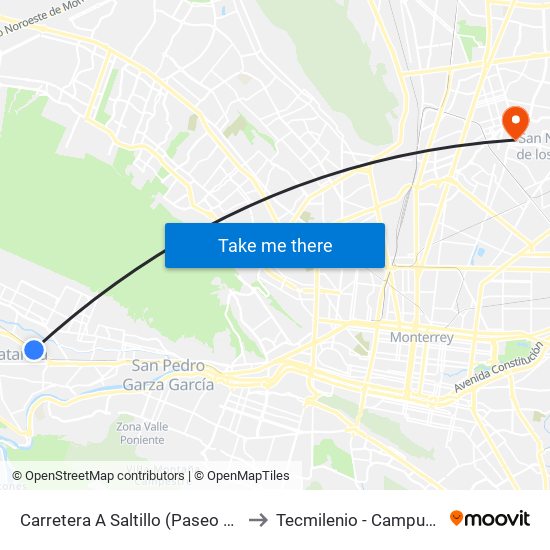 Carretera A Saltillo (Paseo Santa Catarina 2) to Tecmilenio - Campus San Nicolás map