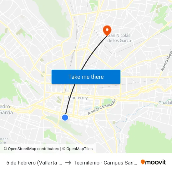 5 de Febrero (Vallarta - Pío X) to Tecmilenio - Campus San Nicolás map